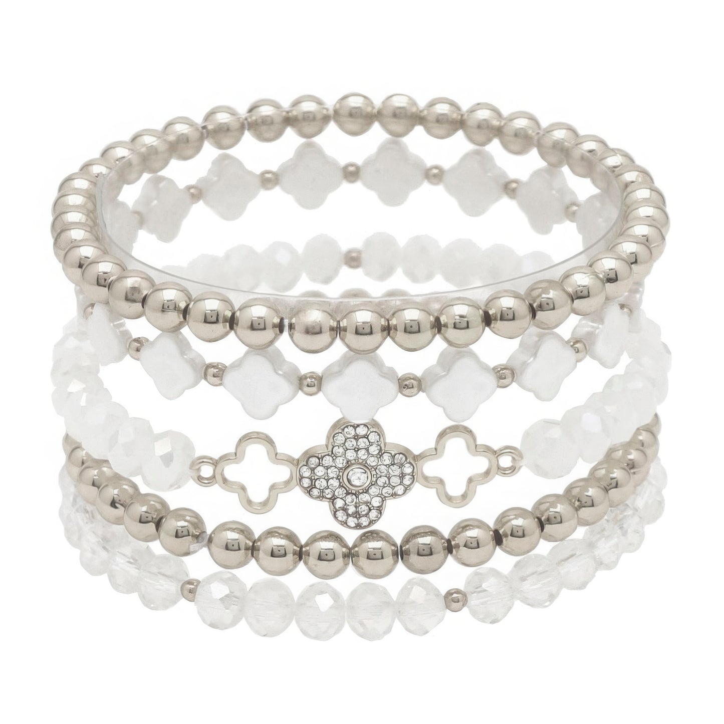 Clover Metal Pearl Rhinestone Stretch Bracelet Set